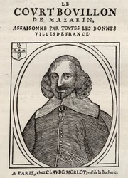 Panfletos políticos Mazarinade (panfleto político bajo la Fronda), imagen popular contra Mazarino sobre su retiro en Bouillon (Le court broth de Mazarin). Colección privada.