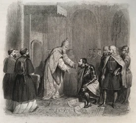 Papa San Pío V (1566-1572) recibiendo al ganador de la Batalla de Lepanto. Grabado de 1846 en "Vidas de los santos". Colección privada