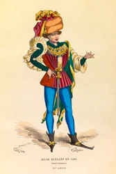Retrato y vestimenta de un joven elegante en París en 1480, grabado, colección privada