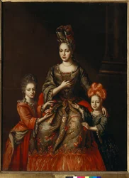 ""Retrato de Anastasia Naryshkina, esposa del gobernador de San Petersburgo, y sus hijas Alexandra y Tatyana"" Pintura anónima, Principios del siglo XVIII Dim 180x130,8 cm Galería Estatal Tretyakov, Moscú