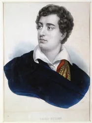 Retrato del poeta Lord George Noel Byron (1788-1824) (Retrato del poeta Lord G.N.Byron). Litografía anónima, realzada con acuarela, principios del siglo XIX. Arte inglés, romanticismo. Museo Conmemorativo A. Pushkin, San Petersburgo.