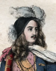 Retrato de Anne Hilarion de Costentin, Conde de Tourville (1642-1701) (Almirante Tourville), comandante naval francés. Ilustración de "El Plutarco Francés" por Edmond Mennechet
