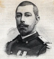 Retrato de Antoine Mizon (1853-1899) explorador francés en África. Grabado en "Le Petit Parisien"