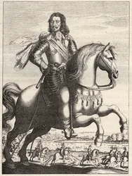 Retrato de Bernardo de Sajonia-Weimar (1604-1639) con la representación de la captura de Juan de Werth por el duque Bernardo y el duque de Rohan. Grabado del siglo XVII. Colección privada.