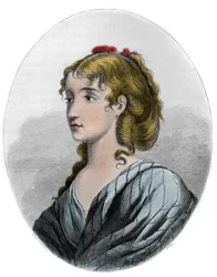 Retrato de Cécile Aimée Renault (1774-1794), revolucionaria francesa - Grabado de 1863 en "Le Livre Rouge - Historia De La Horca en Francia" por Dupray de La Maherie - Colección privada