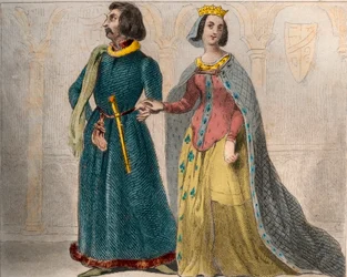 Retrato de Charlotte de Savoie (1441-1483) Reina de Francia, con Luis XI de Francia, conocido como el Prudente (1423-1483). Grabado de 1859 en "Le Monde. Historia de todos los pueblos desde los tiempos más remotos hasta la actualidad". por M. E. de Lostalo