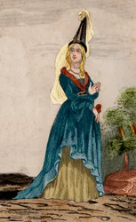 Retrato de Juana de Flandes (1295-1374), esposa de Juan de Montfort, duque de Bretaña (1293-1345). Grabado de 1859 en “Le Monde. Historia de todos los pueblos desde los tiempos más remotos hasta la actualidad” de M. E. de Lostalot-Bachoue. Colección privad