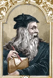 Retrato de Leonardo da Vinci (1452-1519). Grabado de 1859 en las galerías de Europa - Italia por Armengaud