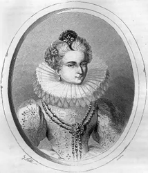 Retrato de Leonora Dori (o Dosi) llamada Galigai, mariscala de Anchre (1568-1617) - Grabado de 1863 en "The Red Book - History Of The Scaffaud in France" de Dupray de La Maherie