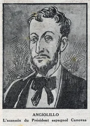 Retrato de Michele Angiolillo Lombardi, alias José Sants o Rinaldini, anarquista italiano (1871-1897) asesino del Presidente del Consejo de España, Antonio Cánovas del Castillo (1828-1897). Grabado en "L