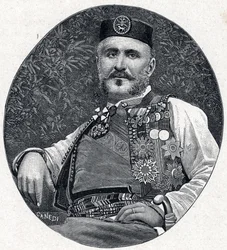 Retrato de Nicolás I de Montenegro (Nikola I Petrović-Njegoš) (Petrović-Njegoš) (1841-1921), príncipe de Montenegro y de los Brda. Grabado en «Les Missions Catholiques au XIXe Siecle» de Louis-Eugène (Louis Eugène) Louvet. Colección privada.