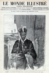 Retrato de Tofa I (Toffa) (circa 1850-1908), rey de Dahomey (Benín) en Porto Novo (Porto-Novo). Un periódico. Grabado en “Le monde illustree” de 1892. Colección privada
