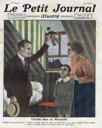 Retrato del actor Charlie Chaplin viajando a Londres, visitando su antigua habitación, ofrece al niño de la familia una pequeña muñeca de Charlot. Ilustración tomada de “Le petit journal illustrious” del 23/09/1921. Colección privada