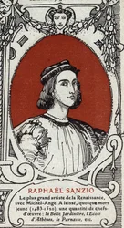 Retrato del pintor renacentista italiano Rafael (Raffaello Sanzio 1483-1520). Grabado de 1914. Colección privada.