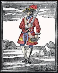 Retrato del pirata Jack Rackham, llamado el Rojo o John Rackham, más conocido como Calico Jack (? 1720). Grabado