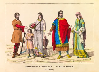 Retratos y vestimentas de una familia de labradores y una familia noble en el siglo V, grabado, colección privada