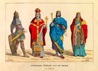 Retratos y trajes de un guerrero, un obispo, un rey y una reina en el siglo VI, grabado