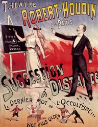 Cartel que presenta el espectáculo “Sugerencia a distancia” en el Teatro Robert Houdin en París, fundado por Jean-Eugène Robert Houdin (1805-1871)