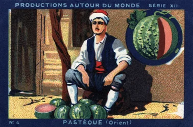 Producciones alrededor del mundo: sandía en el Oriente. Cromolitografía de 1933 en “Joseph-Milliat Album”