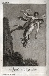 Psique llevada por el Céfiro. Grabado de 1819 en "Lettres a Emilie sur la mythologie" de Charles Albert Demoustier (1760-1801). Colección privada.