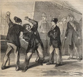 Escena de pugilato en el bagne de Toulon en el siglo XIX. Grabado en "Histoire des bagnes depuis leur création à nos jours" (1877) por Pierre Zaccone (1817-1895). Colección privada