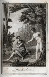 QUERCULANES, ninfas, protectoras de canales. Grabado de 1819 en "Lettres a Emilie sur la mythologie" por Charles Albert Demoustier (1760-1801). Colección privada.