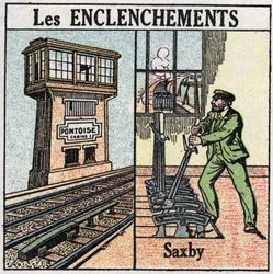 Ferrocarriles: enclavamiento. Un ferrocarril usando una estación de palancas individuales Saxby. Ilustración anónima de 1925. Colección privada.