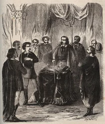 Recepción de un Illuminatus (sociedad secreta) - Illuminati de Baviera - Grabado de 1879 en “Histoire des societes secretes, politiques et religieuses” por Pierre Zaccone (1817-1895)