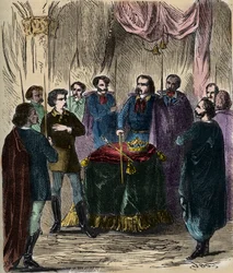 Recepción de un Illuminatus (sociedad secreta) - Illuminines de Baviera (der Illuminatenorden) 1879 (grabado)