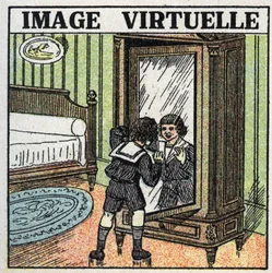 Reflexión de la luz: imagen virtual. Un niño contemplando su reflejo en un espejo. Ilustración anónima de 1925. Colección privada.