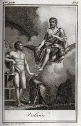Representación de Vulcano, dios del fuego, la forja y los volcanes. Grabado de 1819 en “Lettres a Emilie sur la mythologie” de Charles Albert Demoustier (1760-1801). Colección privada.