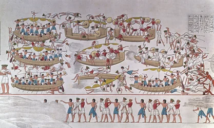 Representación de la batalla del delta del Nilo entre los ejércitos de Ramsés III y los Pueblos del Mar. A partir de un relieve del templo funerario de Medinet Habu, Egipto