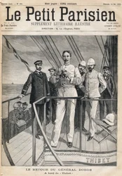 Regreso del General Alfred Dodds (1842-1922) de la expedición de Dahomey a bordo del Thibet. Uno del periódico "Le Petit Parisien" el 14/05/1893.
