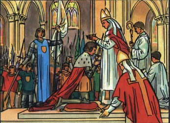 Rey Carlos VII (1422-1461) consagrado por el Arzobispo de Reims el 17/07/1429 en presencia de Juana de Arco (1412-1431). Ilustración anónima en 