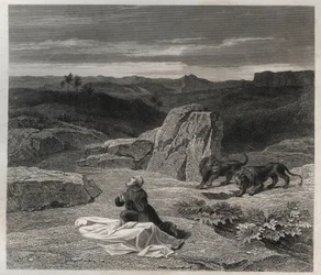 San Antonio Abad (San Antonio el Grande) (250/251-356) (o San Antonio el Ermitaño) enterrando a San Pablo de Tebas en el desierto. Grabado de 1846 en “Vidas de los santos”. Colección privada