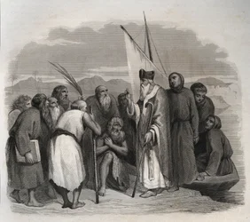 San Atanasio de Alejandría (Atanasio el Grande) (295-373) visitando a los solitarios de Egipto. Grabado de 1846 en “Lives of the saints”. Colección privada.