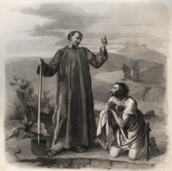 San Benito de Nursia dando la bienvenida a Totila (siglo VI) rey de los ostrogodos. Grabado de 1846 en “Vidas de los santos”. Colección privada