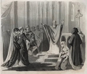San Dunstan (ca. 909-988), obispo de Canterbury, benedictino y reformador de la vida monástica en Inglaterra, anunciando su inminente muerte al pueblo. Grabado de 1846 en “Lives of the saints”. Colección privada.