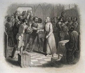 San Nicolás de Flue o Hermano Klaus (1417-1487), un ermitaño suizo reconciliando a los confederados suizos que estaban a punto de iniciar la guerra civil. Grabado de 1846 en "Vidas de los santos". Colección privada