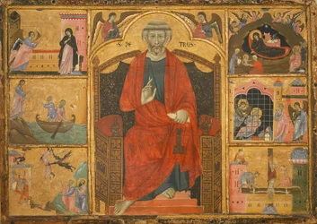 San Pedro en un trono rodeado de escenas bíblicas (pintura sobre madera)