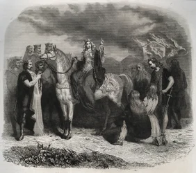 Santa Radegunda (Radegunda de Poitiers, 519-587) quemó un templo pagano y convirtió a los galos a la religión cristiana. Grabado de 1846 en "Vidas de los santos". Colección privada