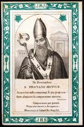 San Protasio, obispo de Milán Imagen piadosa. Postal. Principios del siglo XX. Colección privada