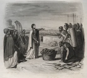 Santa Genoveva distribuyendo comida a la gente durante el asedio de París por el ejército de los hunos de Atila en 451 (invasiones bárbaras). Grabado de 1846 en “Vidas de los santos”. Colección privada