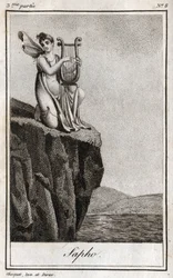 Safo (o Sappho, siglo VII a.C.), poeta griega de la Antigüedad. Grabado de 1819 en “Lettres a Emilie sur la mythologie” de Charles Albert Demoustier (1760-1801). Colección privada.