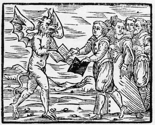 Satanás entrega un libro negro a sus seguidores a cambio del libro de los Evangelios - “Compendium Maleficarum”, sobre las brujas, sus desgracias y sus sortilegios, de Francesco Maria Guazzo o Guaccio o Guaccius (15?? -16??), 1608, Colección privada