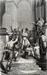 Saturnino de Toulouse (San Sernin, primer obispo cristiano de Toulouse) (siglo III) detenido en el capitolio de Toulouse - Grabado de 1846 en 