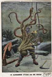 Buzo atacado por un pulpo. Grabado en “Le petit Journal”, el 16/06/1912. Colección privada.