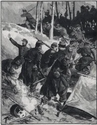 Escena de la novela de Emile Zola (1840-1902) "La Debacle". Grabado en "Le petit parisien" el 28/02/1892. Colección privada