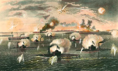 Guerra de Secesión (1861-1865): "Ataque de acorazados de baterías flotantes durante la Guerra de Secesión" Grabado alrededor de 1865. Colección privada