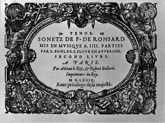 Segundo volumen de los Sonetos del poeta francés Pierre de Ronsard (1524-1585) musicalizados por Guillaume Boni. París 1579